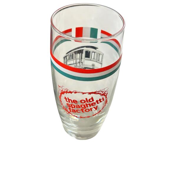 The Old Spaghetti Factory Drinking Glass 6.5" Clear with Logo Colors & Trolley - Picture 1 of 7